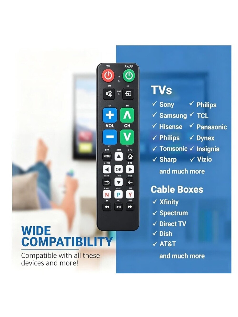 Big Button TV Remote for Seniors, Dementia - Easy Setup | Large Color-Coded